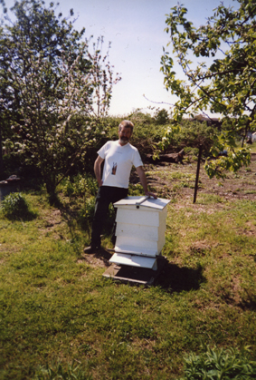 Bee Keeper Patrick Laslett with his Victorian styled 'Cottager' bee hive that was given to him on his 50th birthday Rosemary Fordham and Paul Metcalf (then beekeeping tutor at Easton College)